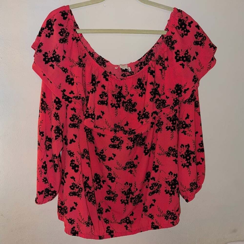 Michael Michael Kors Off Shoulder Ruffle Top – Geranium Floral Butterfly 2XL